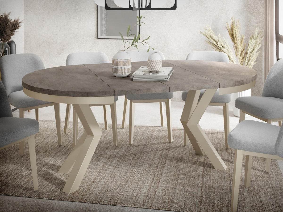 ESSTISCH Clara Beige Cashmere runder ausziehbarer, Dunkelgrauer Chicago Beton 100-180/100/76 cm - Kaschmir/Dunkelgrau, Holzwerkstoff/Metall (100/100/76cm) - WFL GROUP