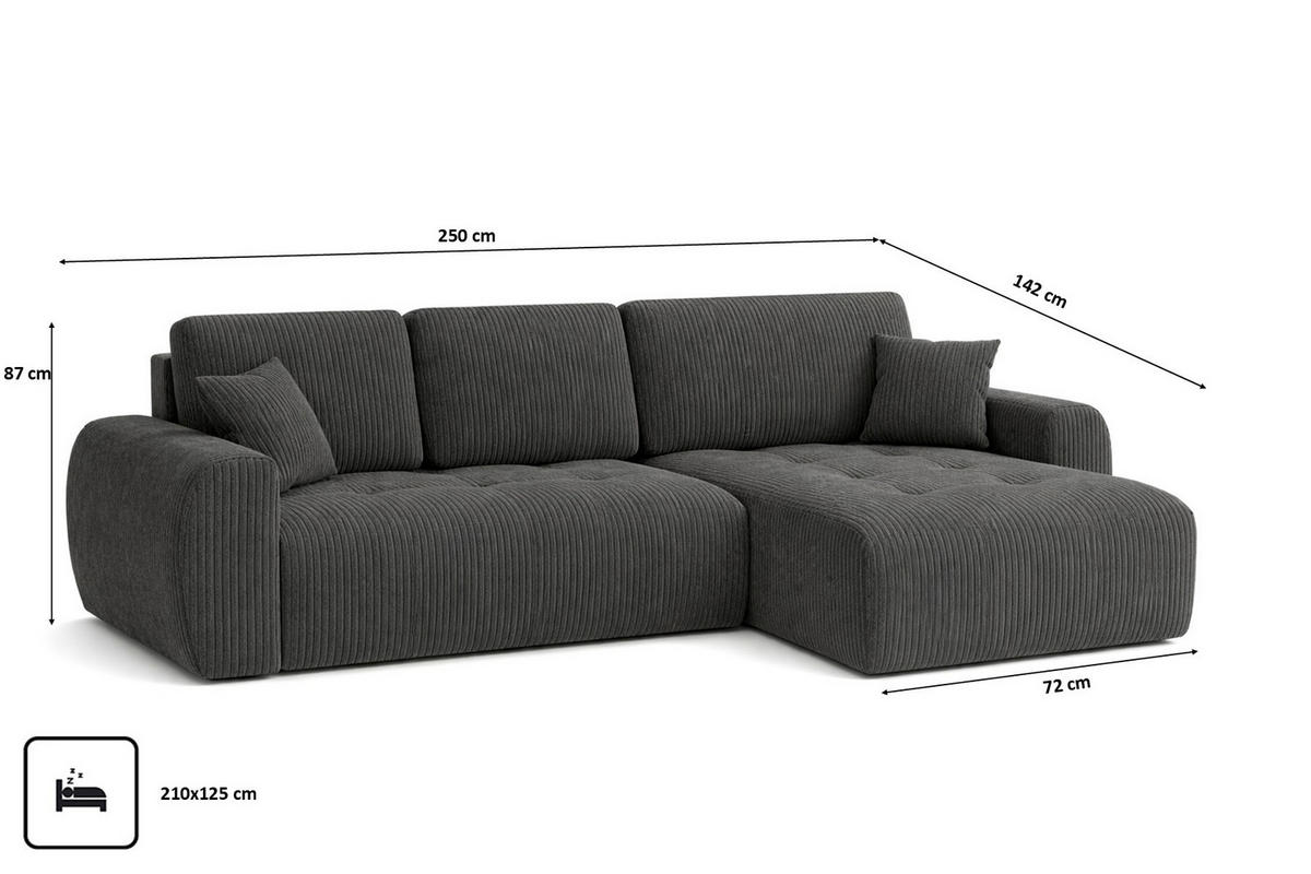 ECKSOFA Mit Schlaffunktion Und Bettkasten L-Form Ivo L, Cordstoff Poso, Grau, Rechts - Grau, Holz (250/142cm) - Kaiser Möbel