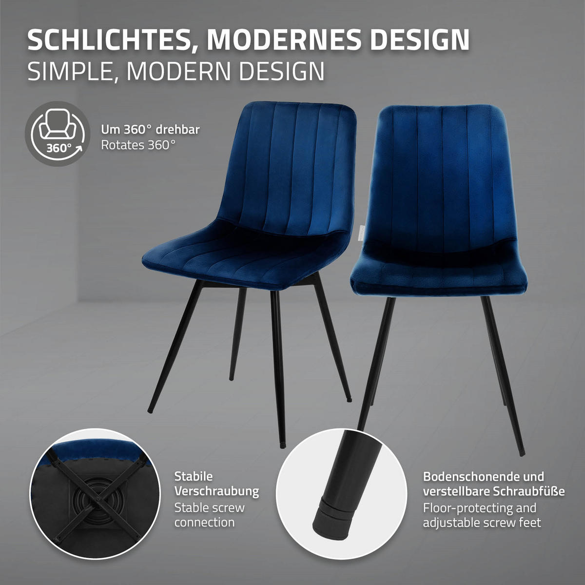 ESSZIMMERSTÜHLE 2er Set drehbar Küchenstühle gepolstert aus Samt Dunkelblau - Schwarz/Dunkelblau, Textil/Metall (43/81/52cm) - ML-DESIGN