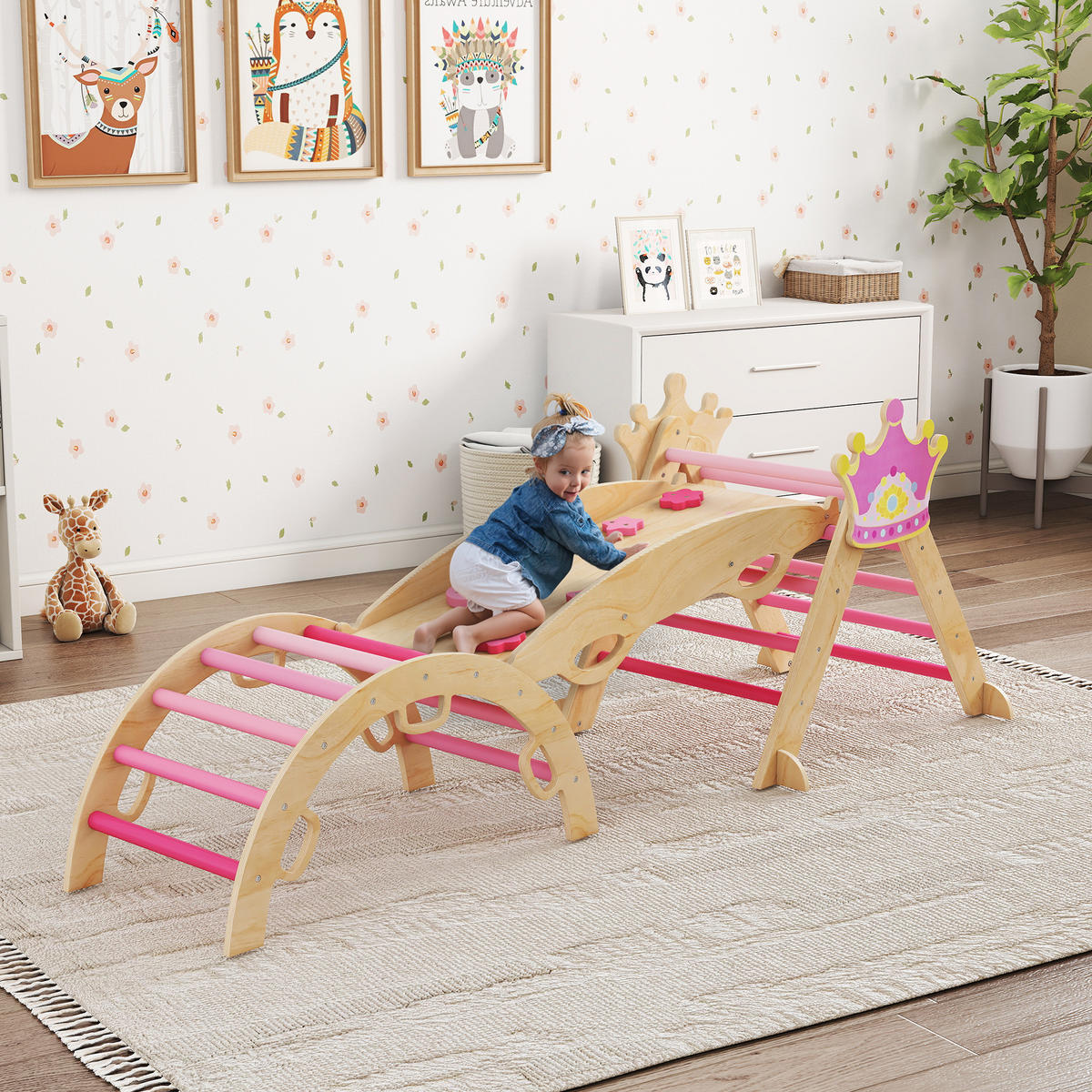 KLETTERGERÜST 8-in-1 DE-09863 mit Rutsche, Rampe und Bogen Holz - Pink, Holz (42/38/80cm) - ComfortXL