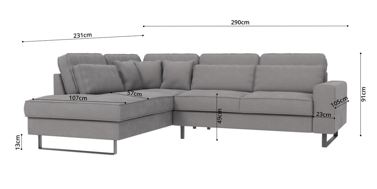 ECKSOFA Floe Hellgrau Cord - Hellgrau/Schwarz, Holz/Kunststoff (290/231cm) - S-Style Möbel