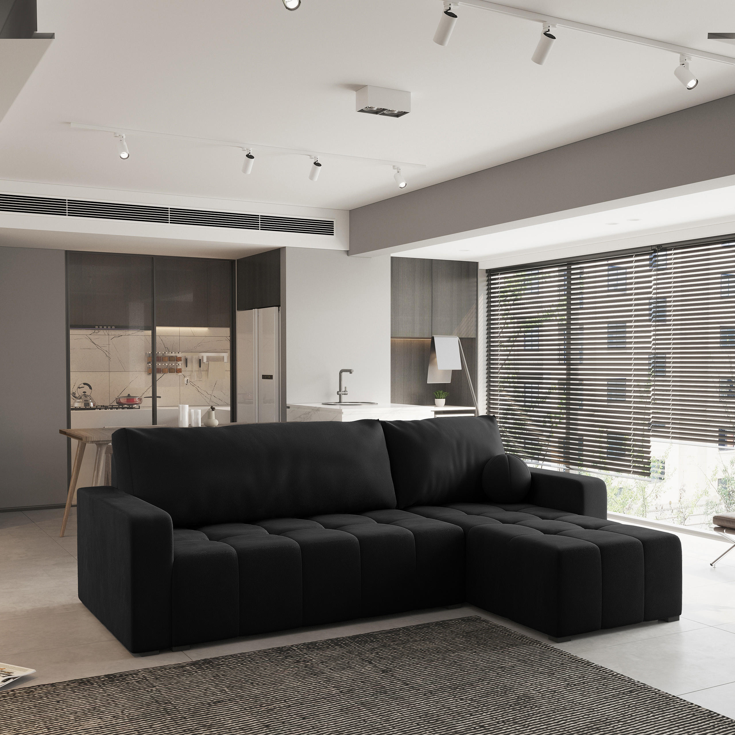 ECKSOFA VOLIRA Schwarz Plüsch-Stoff mit Schlaffunktion - Schwarz, Holz (230/143cm) - MASSENO