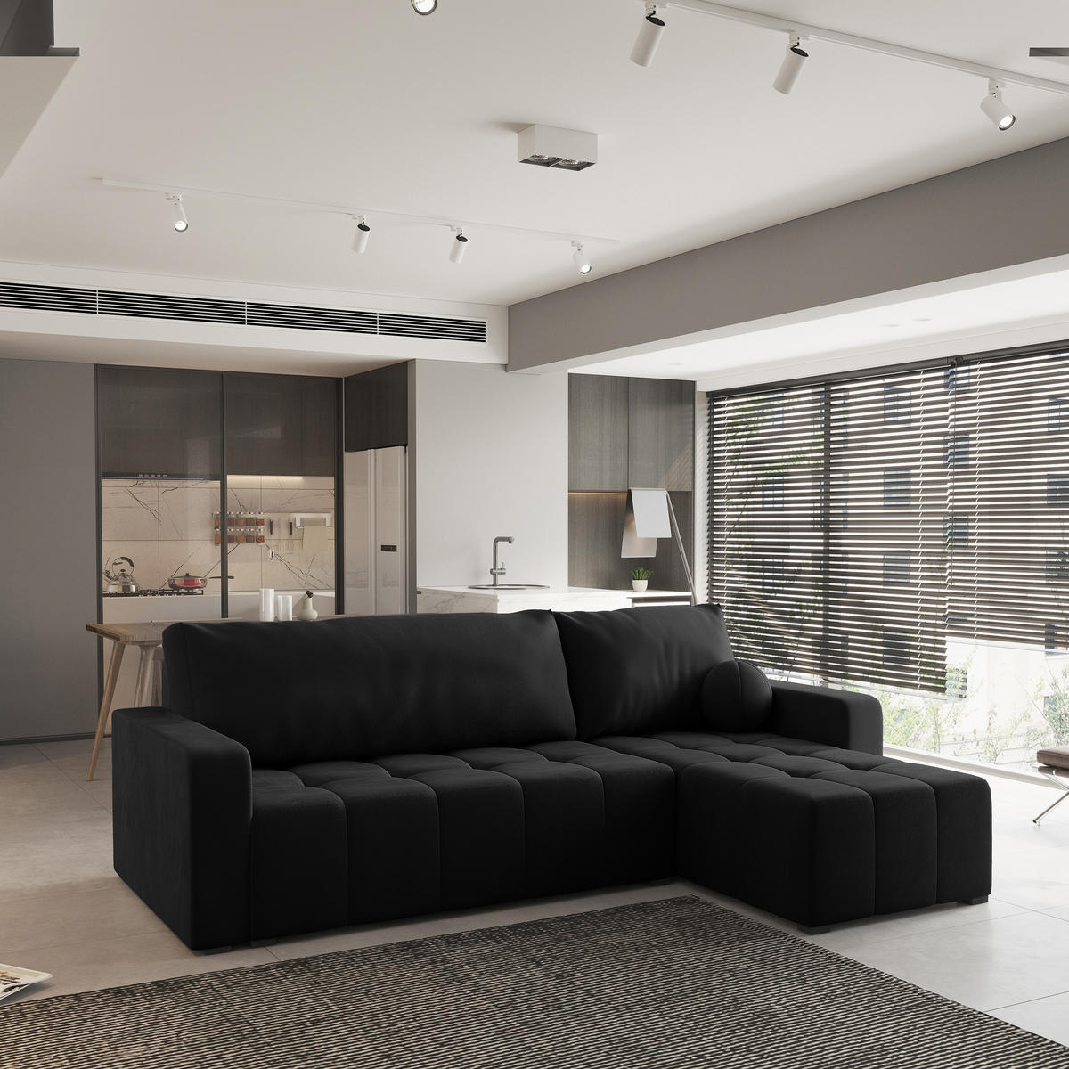 ECKSOFA VOLIRA Schwarz Plüsch-Stoff mit Schlaffunktion - Schwarz, Holz (230/143cm) - MASSENO