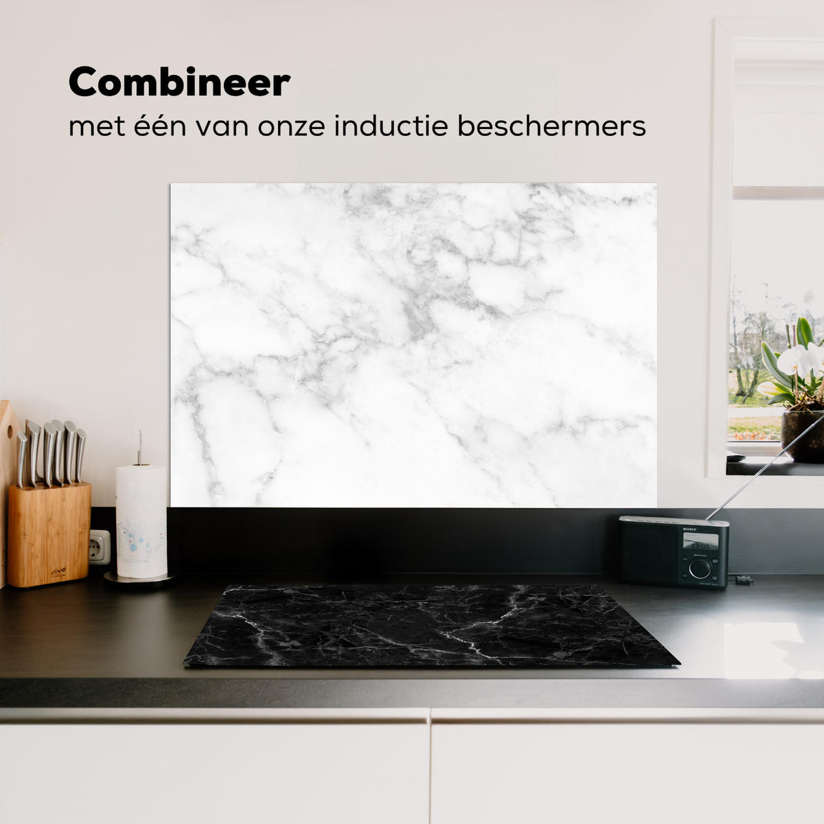 SPRITZSCHUTZ KÜCHE Marmor - Grau - Weiß - Strukturierter Marmor 80x55 cm - Weiß, Metall (80/0.3/55cm) - MuchoWow