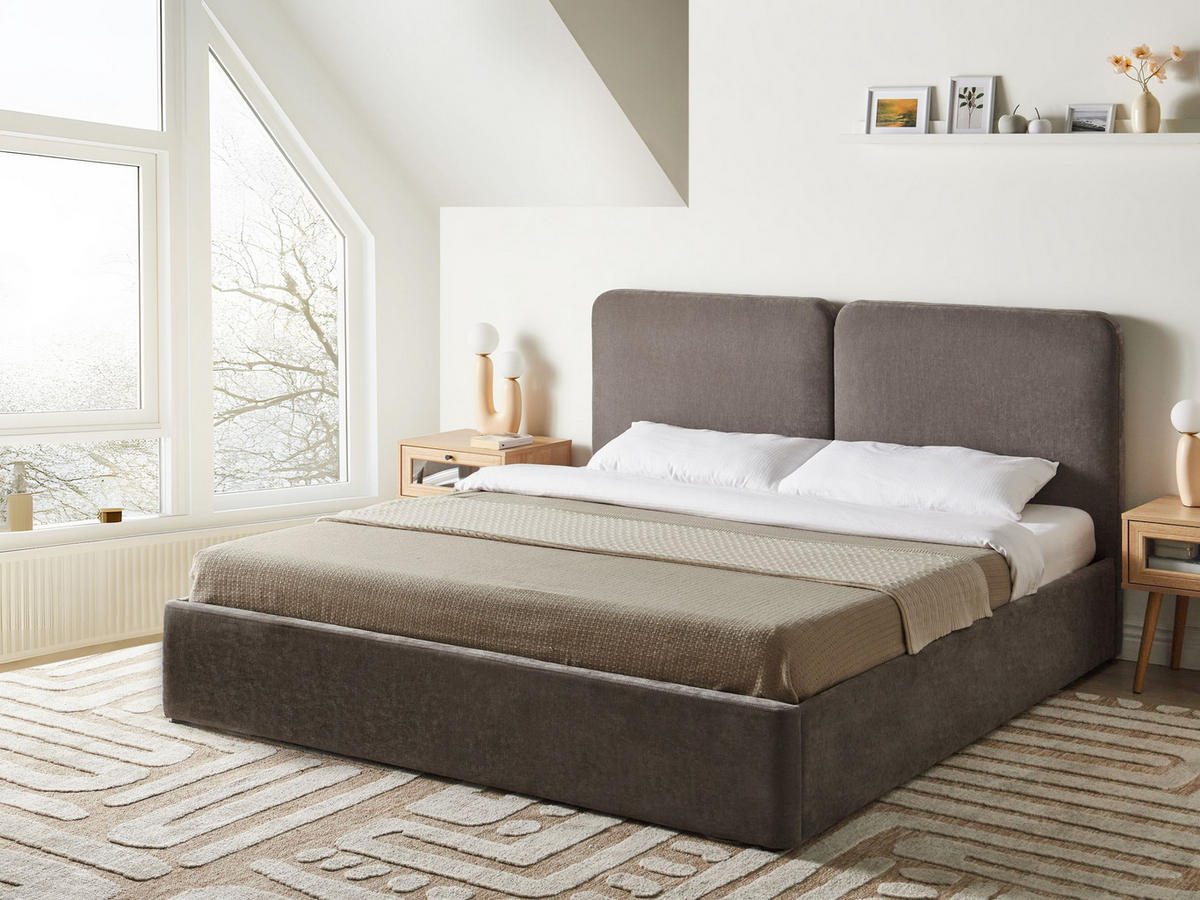 BETT mit Stauraum 180/200 cm Chenillegewebe Taupe Arbois - Taupe, Textil (180/200cm) - Beliani