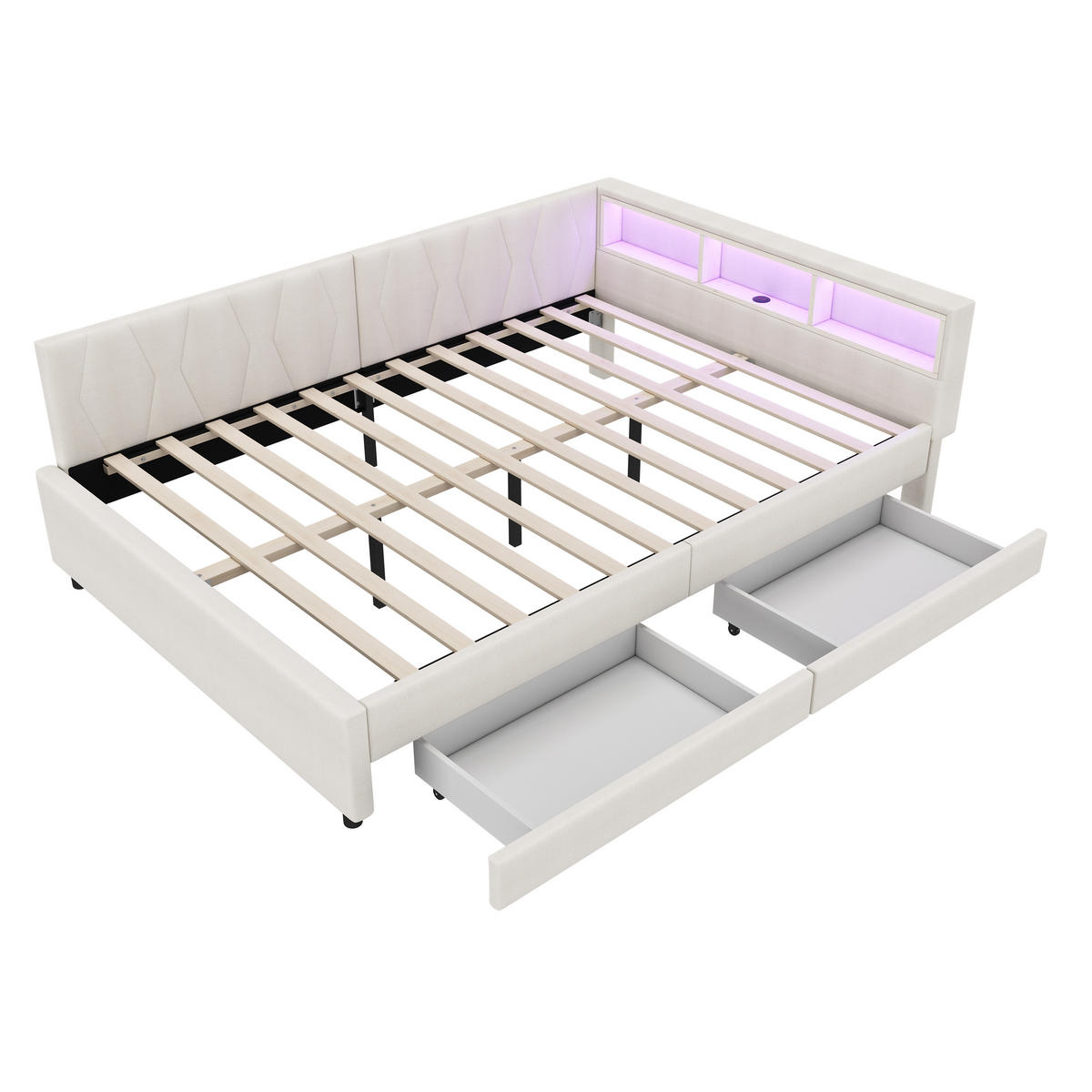 TAGEBETT 140x200cm Beige Leinen USB-C LED-Licht 2 Schubladen - Beige, Holz (140/200cm) - FLIEKS