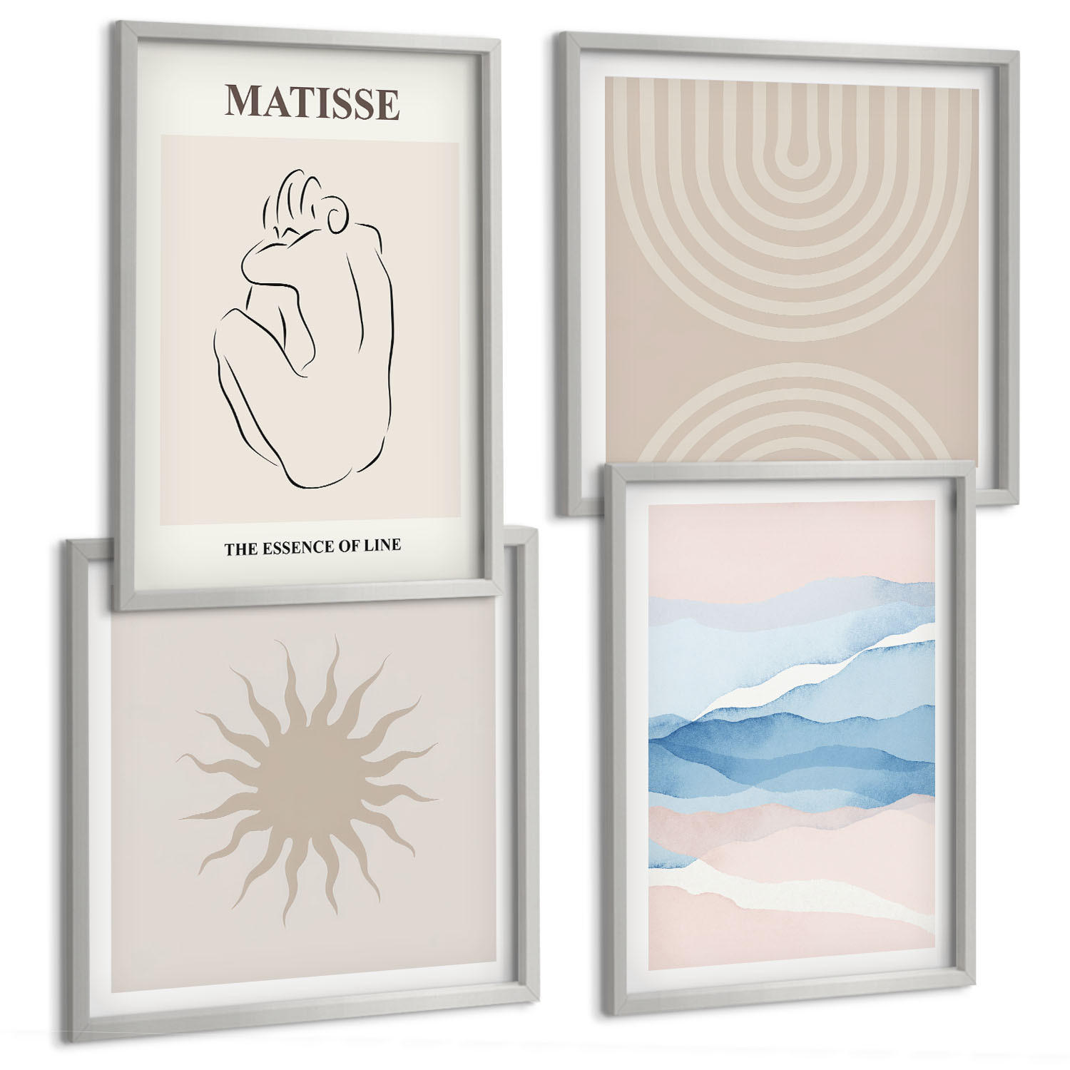 BILDER SET 4er Set - 50x50 cm & 40x60 cm Silberner Rahmen - Linien, Wellen, Pastellfarben, minimalistisch - Silberfarben, Kunststoff (50/50cm) - TULUP