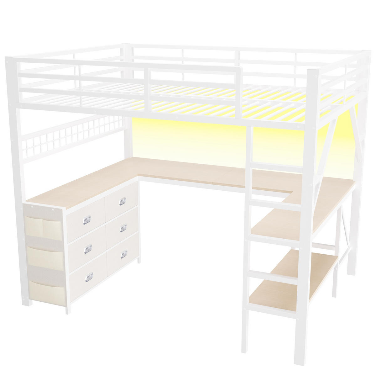 HOCHBETT Metall/MDF 140x200 cm Weiß mit Schreibtisch, Stauraum und LED-Beleuchtung - Weiß, Holzwerkstoff (140/200cm) - Modfu