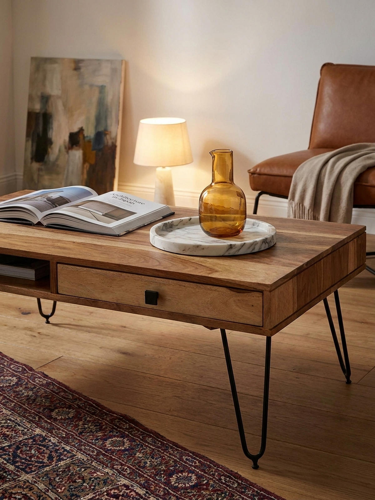 COUCHTISCH BALU mit Schubfächern aus Massivholz und Metallfüßen, leichter Aufbau, Beige 110x60x60 cm - Beige/Schwarz, Holz/Metall (60/110/60cm) - KADIMA DESIGN