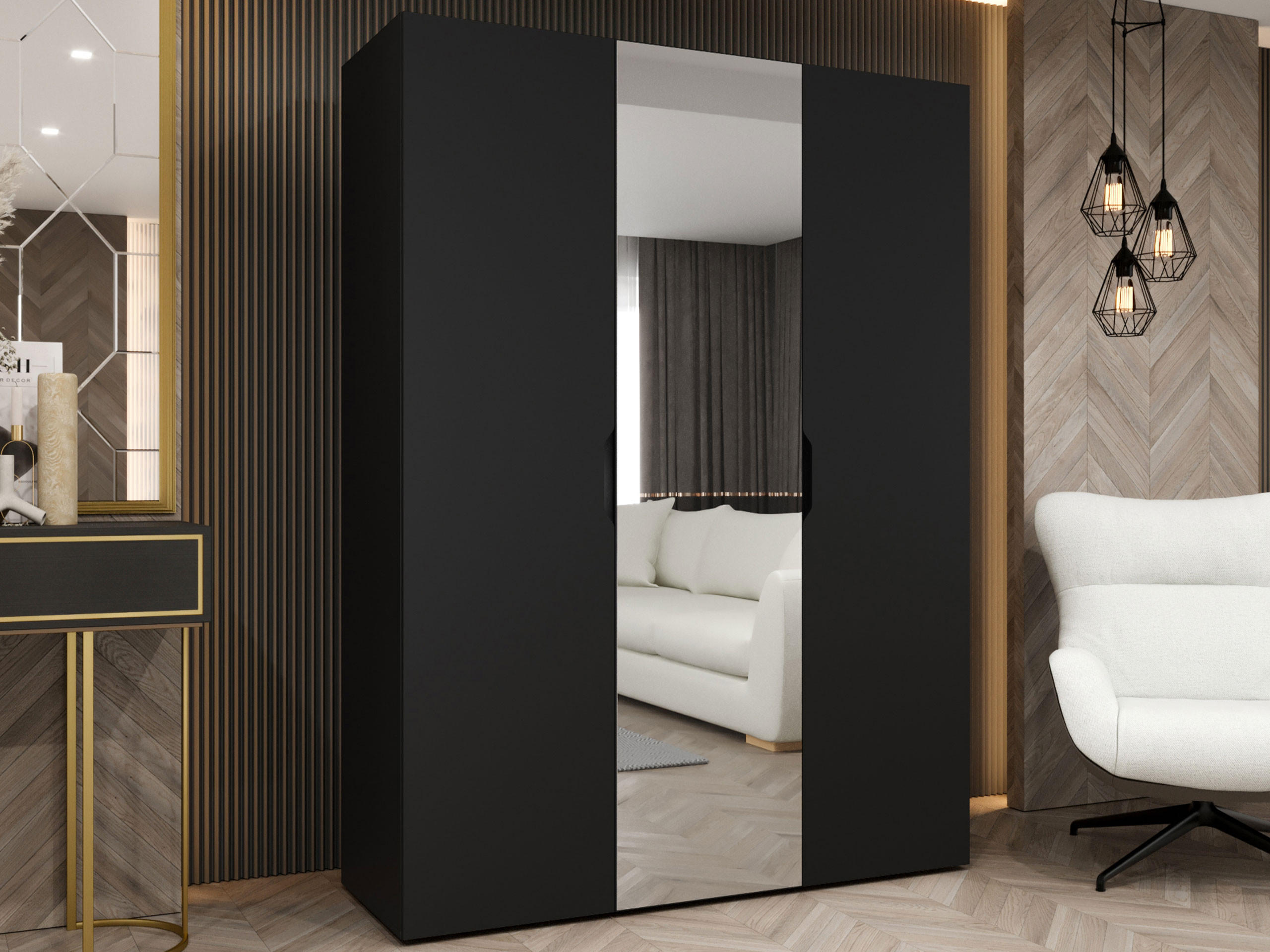 DREHTÜRENSCHRANK Malaga 150 mit Frontspiegel - Schwarz, Holzwerkstoff (150/202/52cm) - MIRJAN24