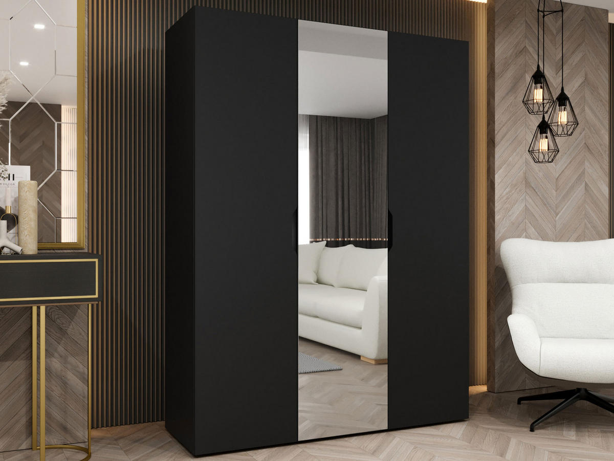 DREHTÜRENSCHRANK Malaga 150 mit Frontspiegel - Schwarz, Holzwerkstoff (150/202/52cm) - MIRJAN24