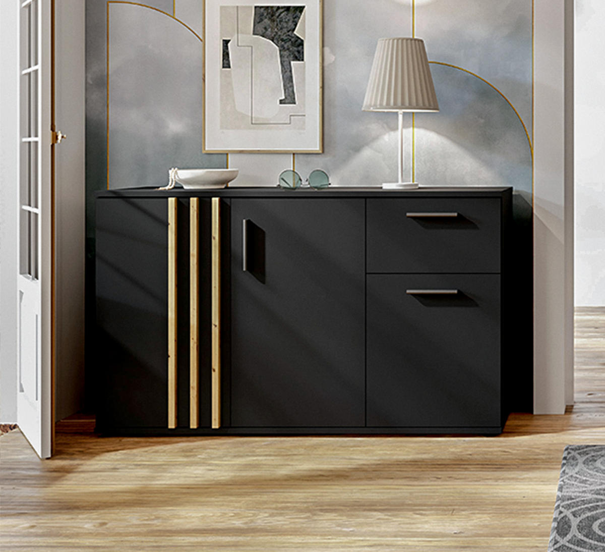 SIDEBOARD Turell 3D1SZ Schwarz 120/73/35 cm – Kommode mit Schublade - Schwarz, Holzwerkstoff/Kunststoff (120/73/35cm) - AX Living