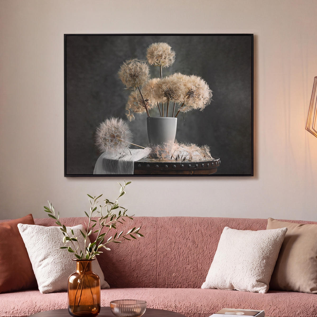 LEINWAND Bilder mit Rahmen - Blumensamen - Löwenzahn - Vase - Stilleben - Blumenstrauß - 100x70 - Dunkelgrau, Textil (100/70cm) - MuchoWow