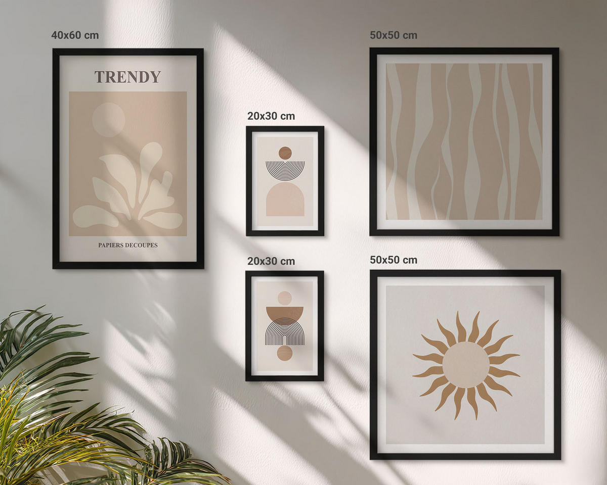 BILDER SET 5er Set - 50x50 cm & 20x30 cm & 40x60 cm Schwarzer Rahmen - Stilvolle abstrakte Beigetöne - Schwarz, Kunststoff (40/60cm) - TULUP