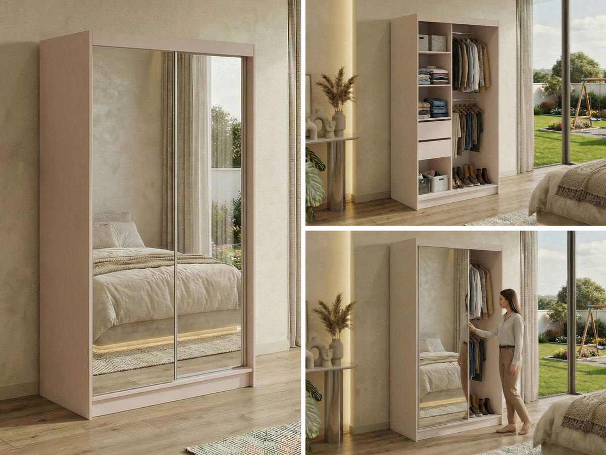 SCHWEBETÜRENSCHRANK mit Schubladen 120 - DUBROWNIK - Kaschmir mit Spiegel - Kaschmir/Alufarben, Holzwerkstoff/Metall (120/216/61cm) - MKS