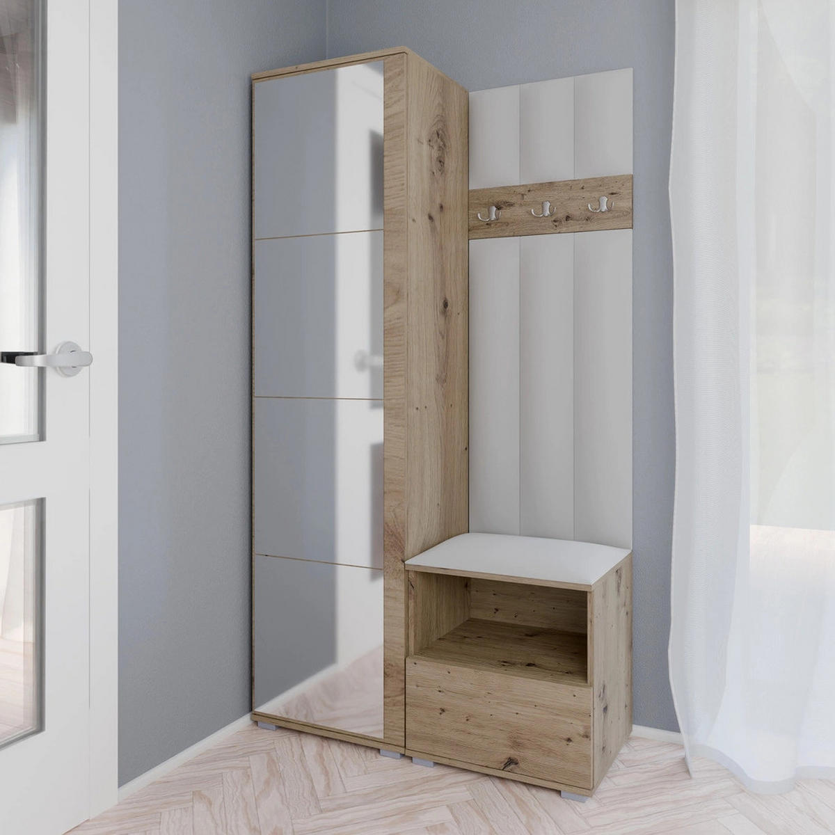 GEPOLSTERT Garderoben-Set Nela I LUX (Spiegel – Farbe Eiche Artisan + Stoff Trinity 32) - Silberfarben/Hellgrau, Holz/Holzwerkstoff (100/187/40cm) - Ravio