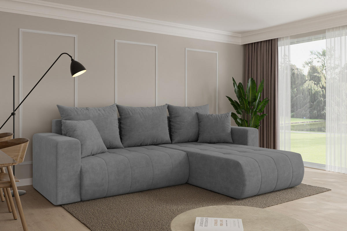 ROHOVÁ SEDAČKA s funkcí spaní, otoman vpravo MILA-L 277x194x86 šedá velur - černá/šedohnědá, kompozitní dřevo/textil (277/194cm) - ALTDECOR