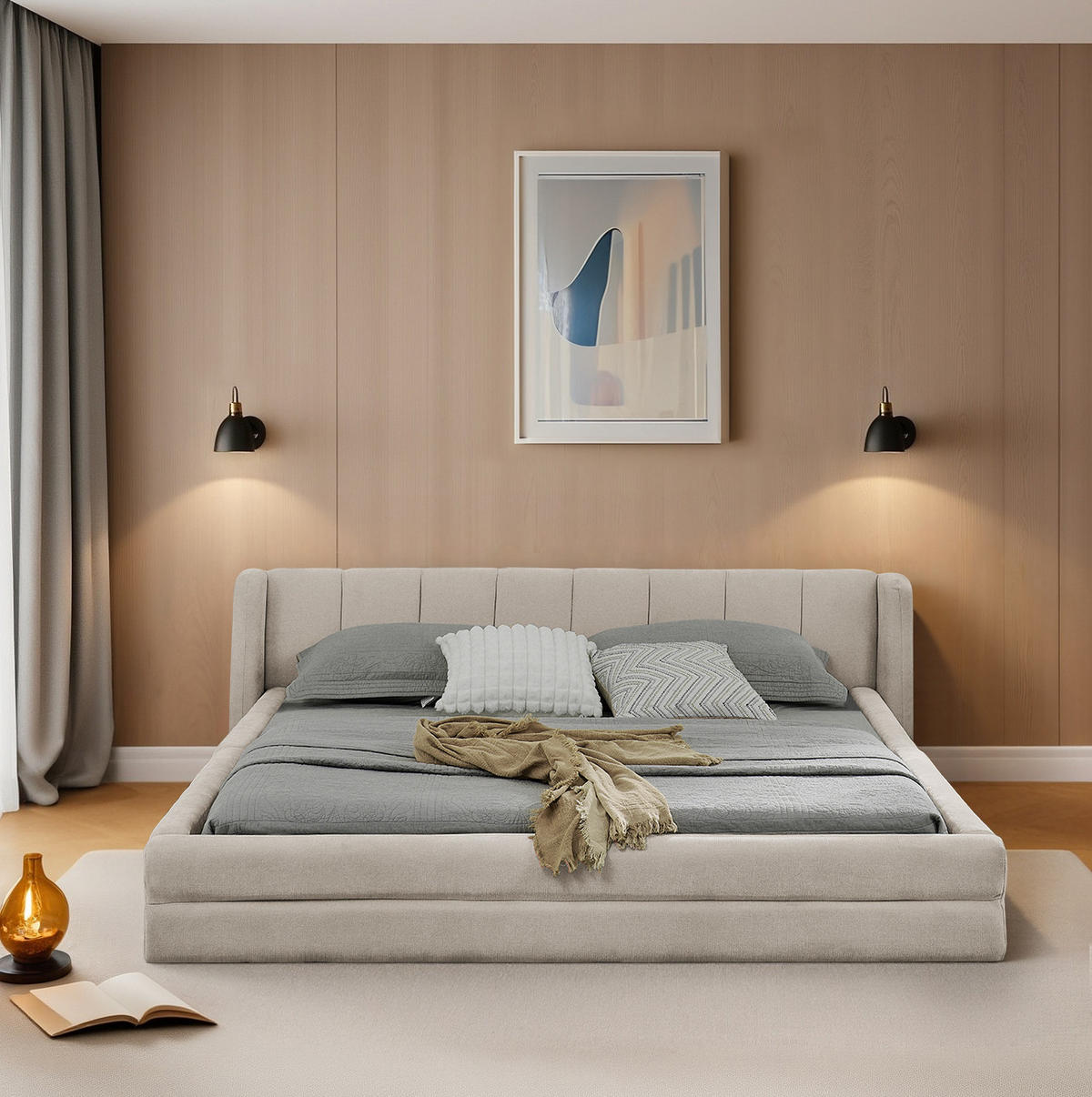 POLSTERBETT 160/200 cm Beige aus Chenille mit ergonomischem Kopfteil - Beige, Kunststoff (160/200cm) - OKWISH