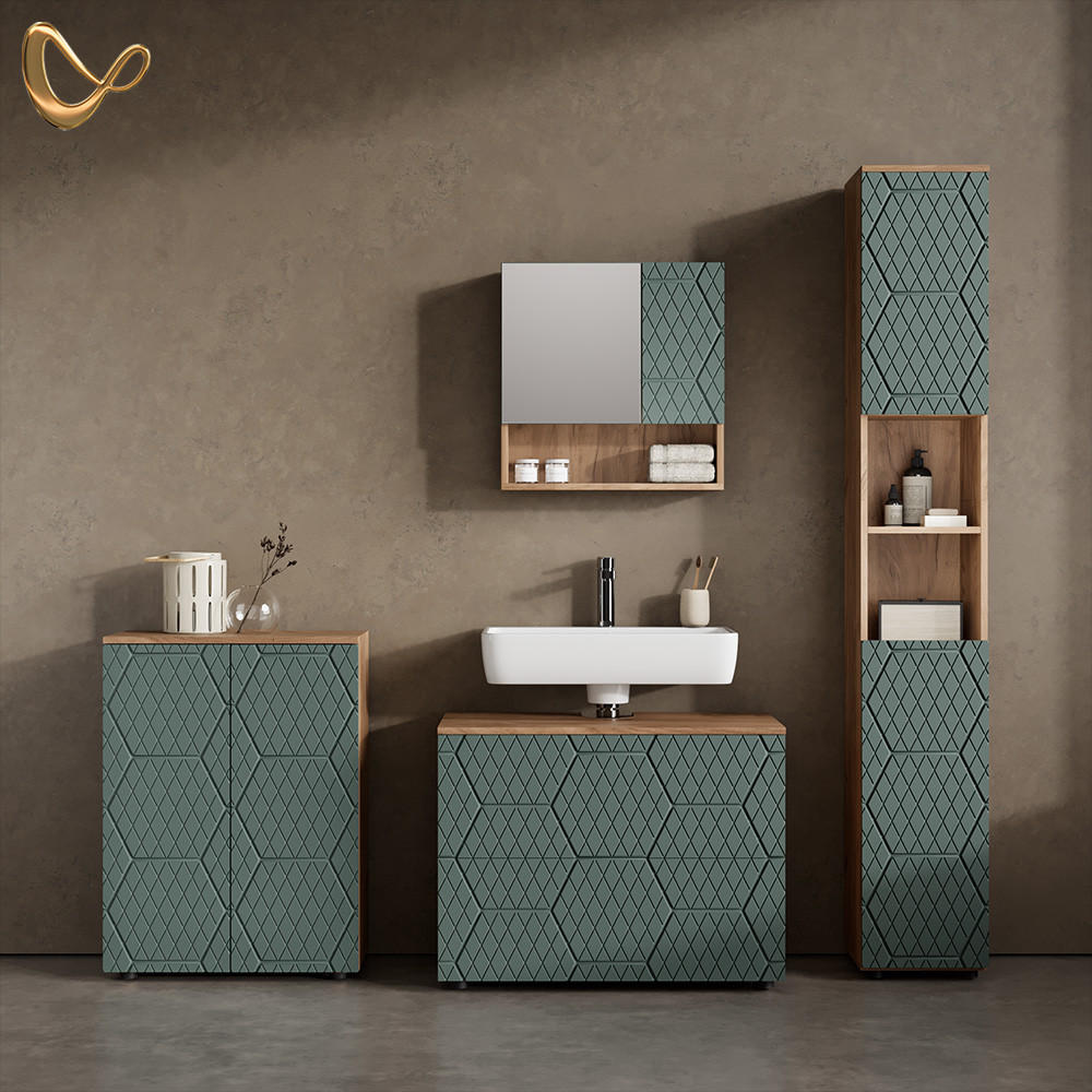 BADMÖBEL-SET Ronco Grün/Goldkraft Eiche 4 Teile, mit Schubladenschrank und Midischrank - Honigeiche/Grün, Holzwerkstoff (80/58/41cm) - Livinity®