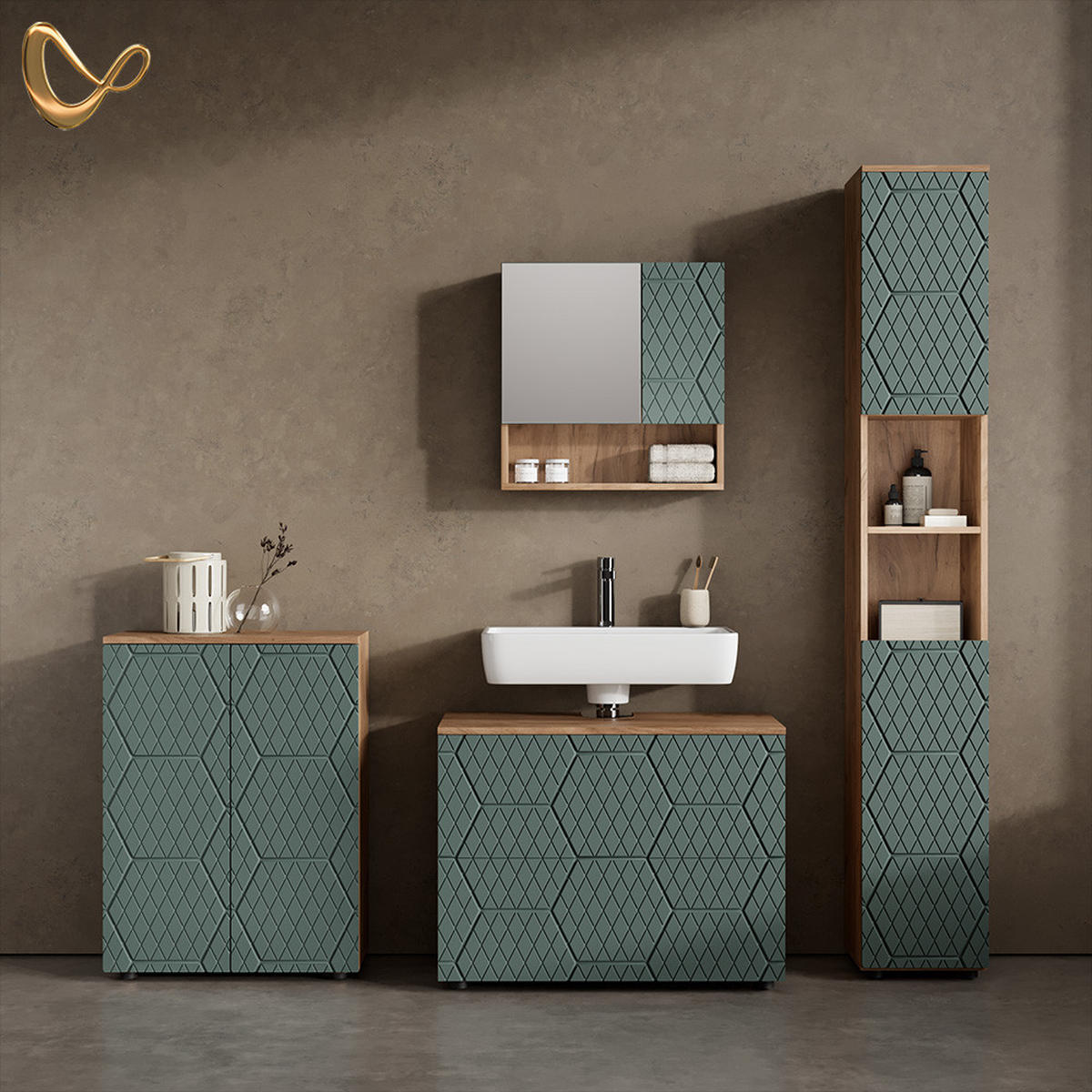 BADMÖBEL-SET Ronco Grün/Goldkraft Eiche 4 Teile, mit Schubladenschrank und Midischrank - Eiche Wotan/Grün, Holzwerkstoff (80/58/41cm) - Livinity®