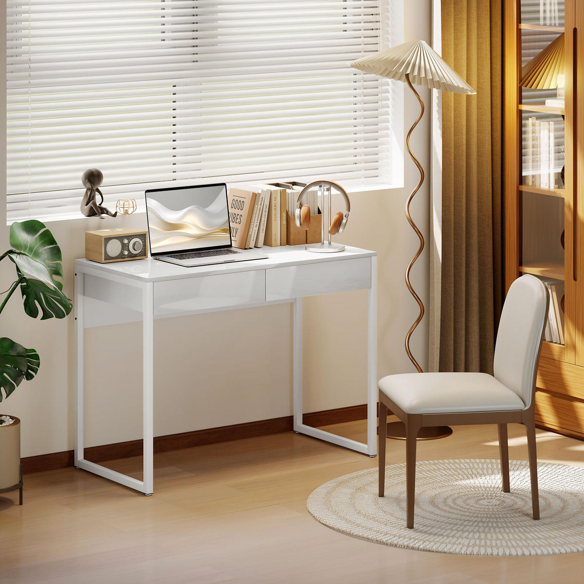 SCHREIBTISCH DE-14909 2 Schubladen mit Hochglanz-Finish Weiß - Weiß, Metall (100/50/75cm) - ComfortXL