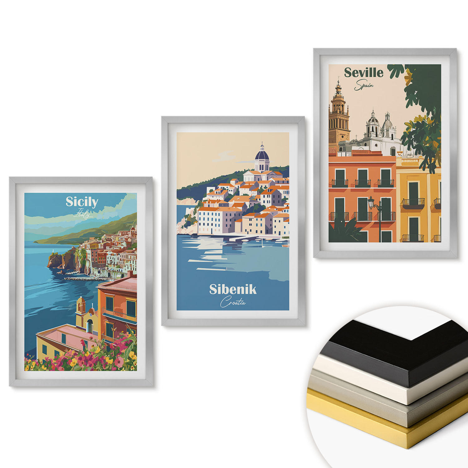 WANDBILDER 3er Set - 40x60 cm Silberner Rahmen - Stadtlandschaften mit Gebäuden - Silberfarben, Kunststoff (40/60cm) - ArtPrintCave