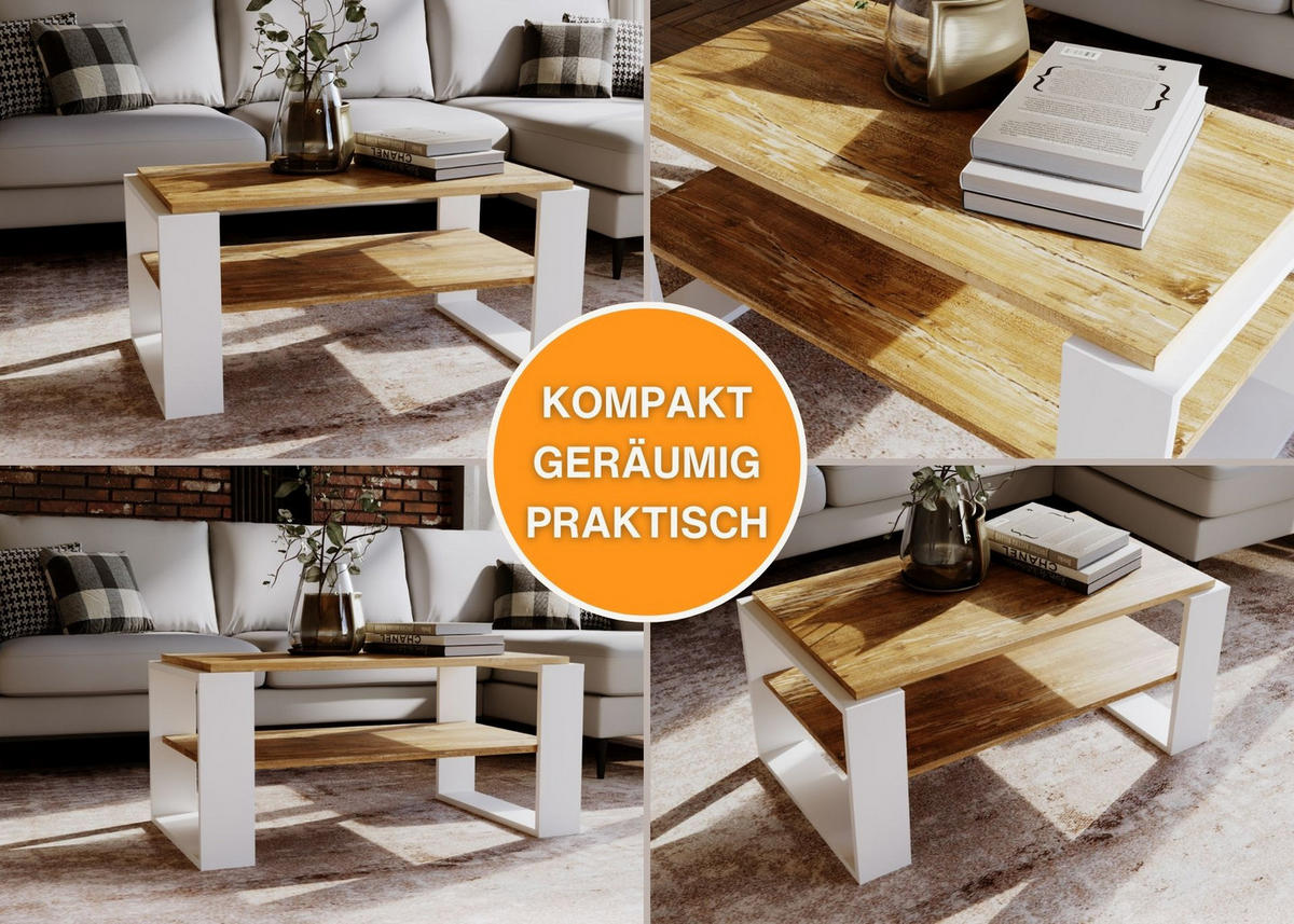 COUCHTISCH Holzwerkstoff rechteckig stabil Kiefer Milford 42/54/96cm - Kiefer Milford/Weiß, Holzwerkstoff (53.8/96/42cm) - CraftPAK