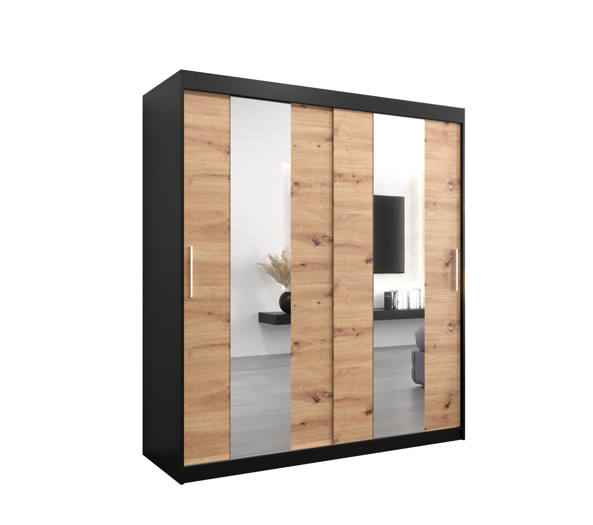 Abiks Möbel Schwebetürenschrank Schwarz, Eiche Artisan 180x200x62 cm