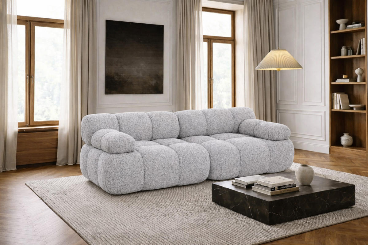 COUCH, 2-Sitzer Modular, Bouclé-Stoff Abriamo, Hellgrau, Selia - Hellgrau, Holz (190/70/95cm) - Kaiser Möbel