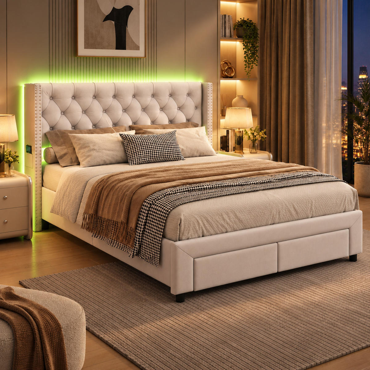 POLSTERBETT 180/200 cm mit LED-Beleuchtung, USB-Ladestation & 2 Aufbewahrungsschubladen, Chesterfield Knopfsteppung mit Nietenbesatz - Beige, Holz/Metall (180/200cm) - Joyfair