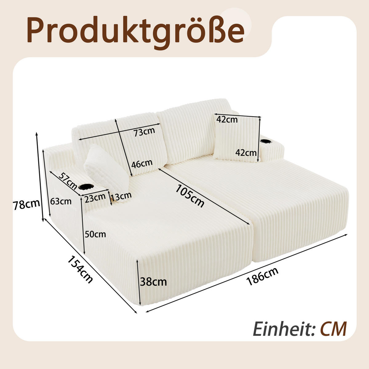 SCHLAFSOFA 186/154/78 cm Beige Cord mit seitlicher Magazintasche und Getränkehalter - Beige, Textil (186/78/154cm) - Oxeza