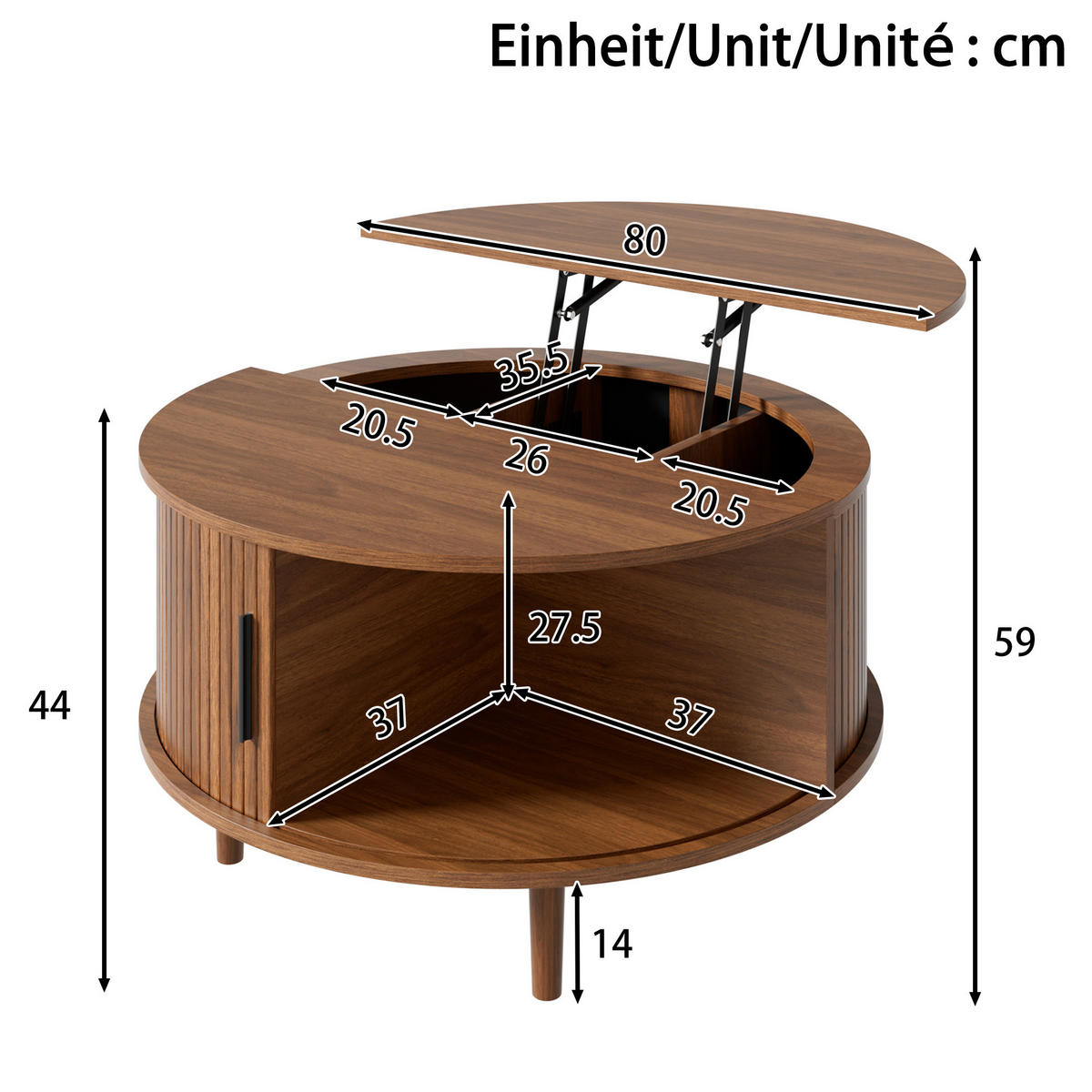 COUCHTISCH in Holzoptik Runder Wohnzimmertisch mit höhenverstellbar Stauraum und Schiebetür, 80 B / 80 T / 59 H(cm) - Dunkelbraun, Holzwerkstoff (80/80/59cm) - STILVORA
