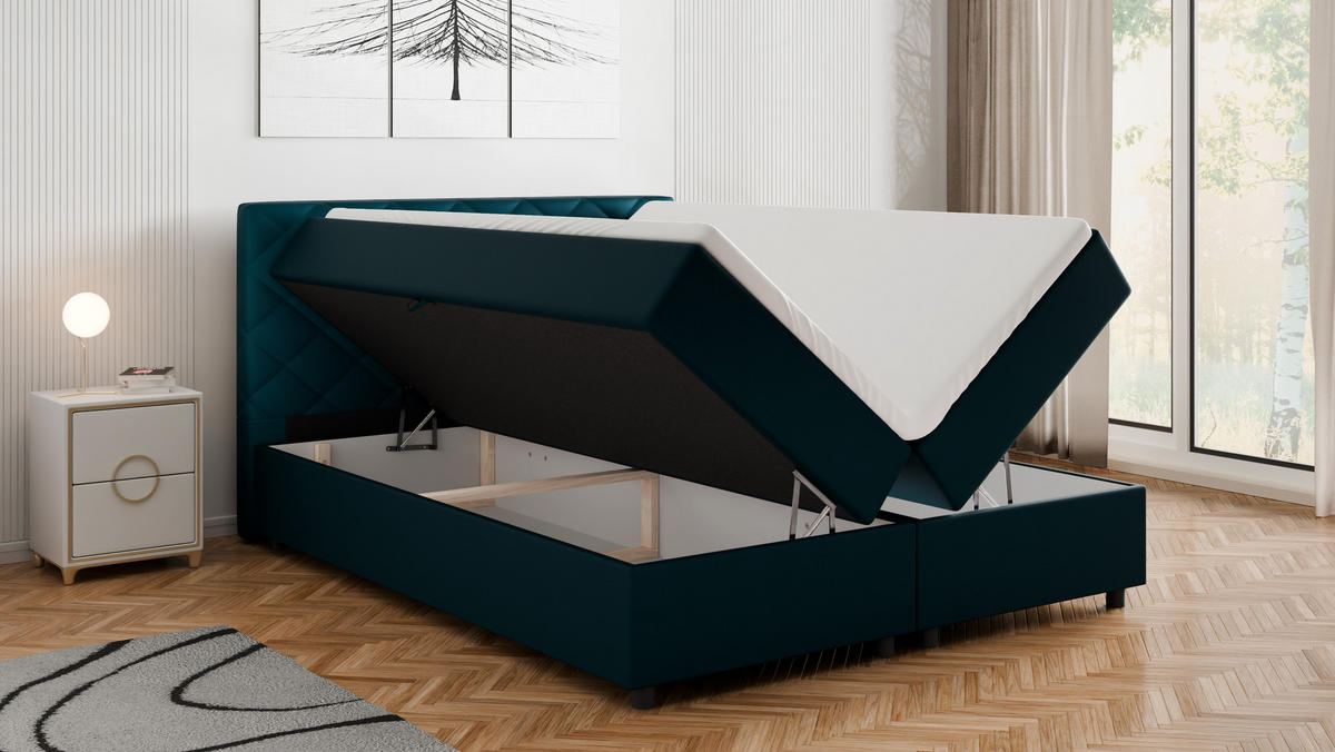 BOXBETT Diamaro 160x200 cm mit Bettkasten und Topper - Dunkeltürkis - Türkis, Holz (160/200cm) - Panda Möbel