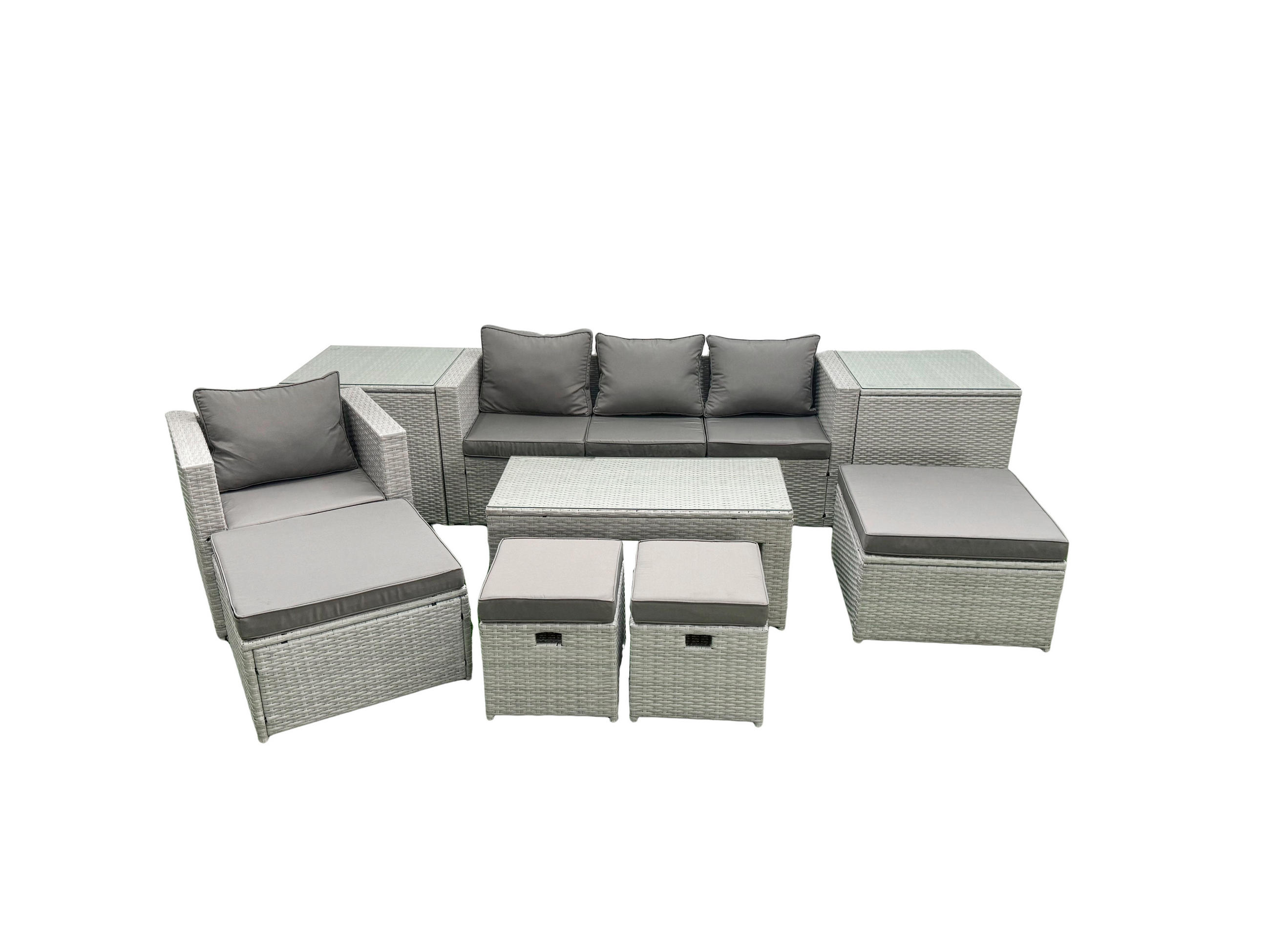 BALKONMÖBEL-SET Polyrattan Hellgrau-Mix 8-teilig - Hellgrau/Grau, Glas/Kunststoff - Fimous