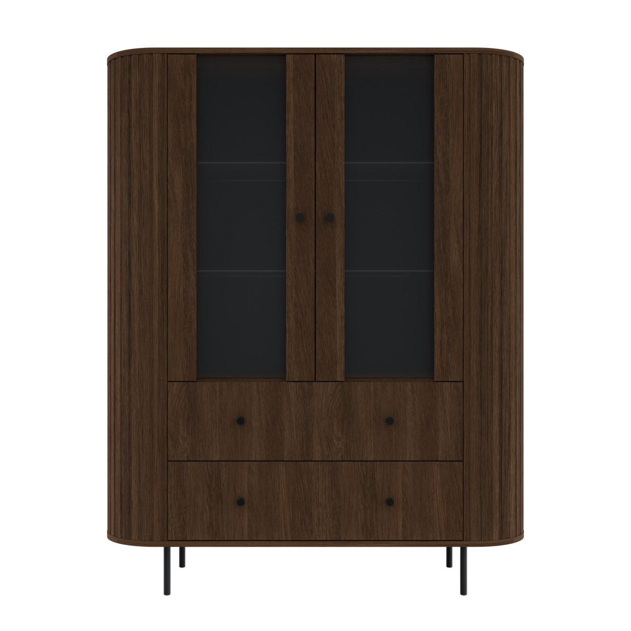 VITRINE Olivia 123 cm, mit Glastüren, 2 Schubladen und geriffeltem Design, dunkelbraun und schwarzfarbenen Metallfüßen - Dunkelbraun, Metall (123/155/43cm) - Margaret Hadas24