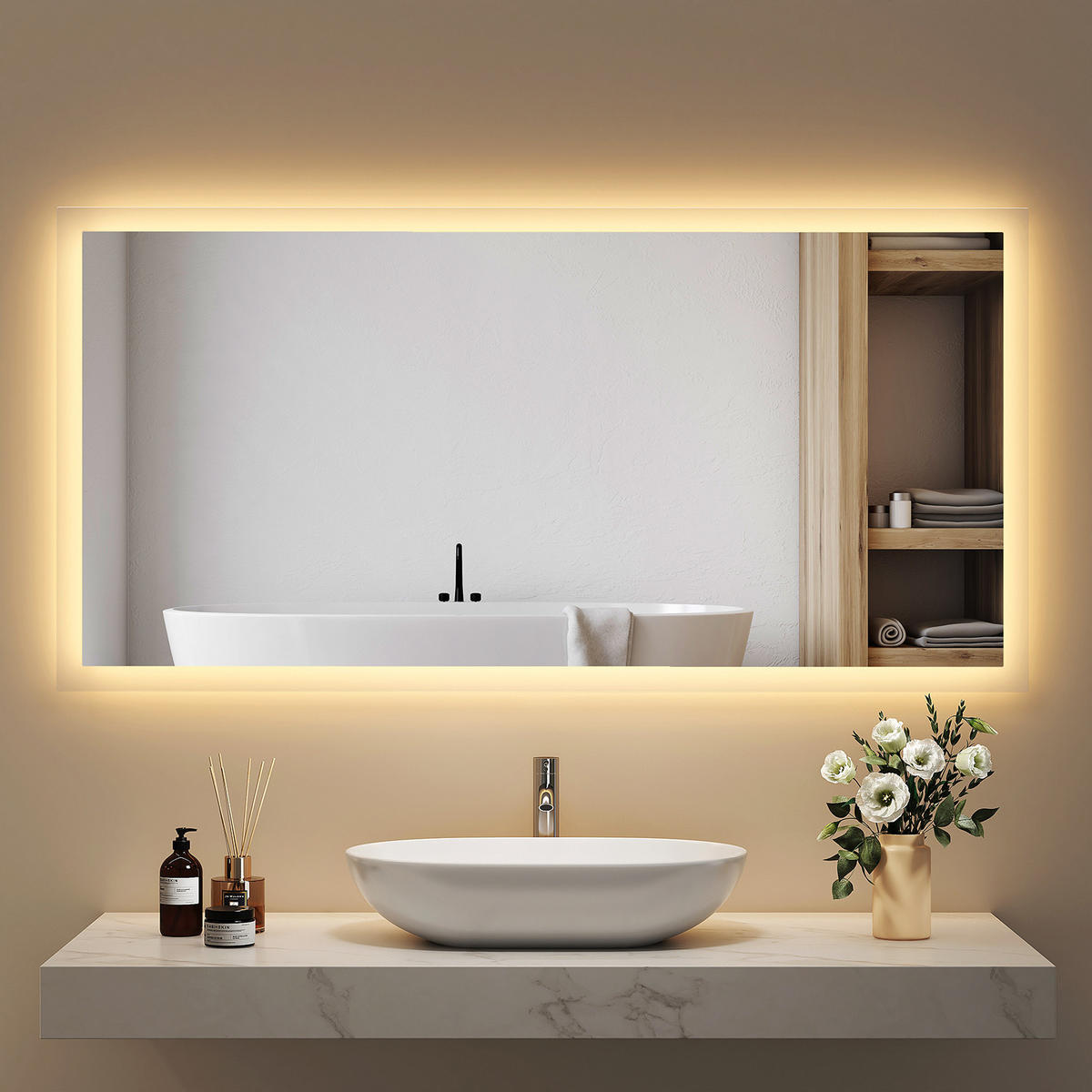 BADSPIEGEL mit Explosionsgeschützte Folie Beleuchtung 120/60/3,5 cm - Weiß, Glas (60/3.5/120cm) - EMKE