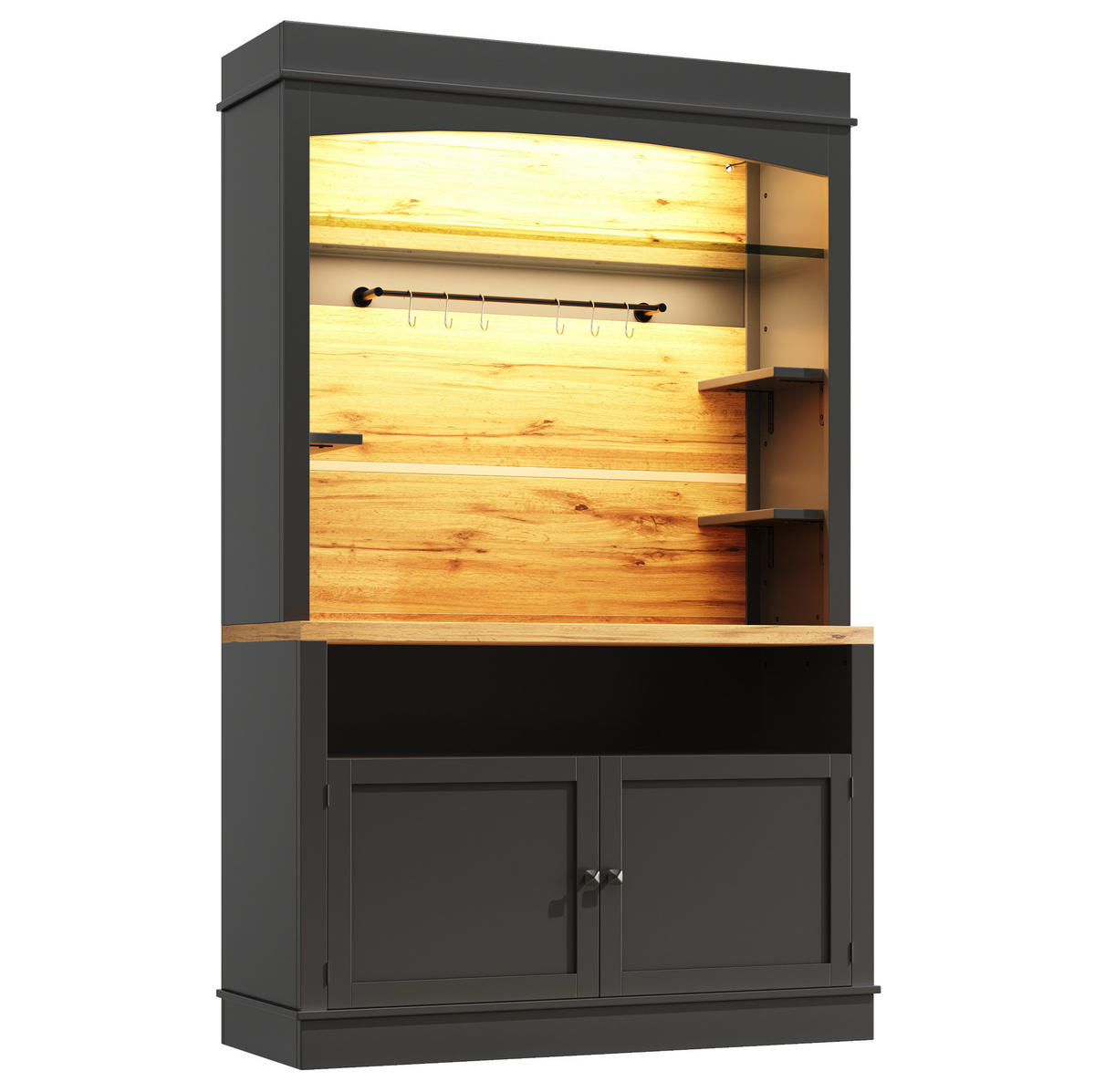 VISOKA kuhinjska omara 107/43/184 cm, MDF/kovina, z LED osvetlitvijo in odprtimi policami, Črna - črna, leseni material (107/184/43cm) - Redom