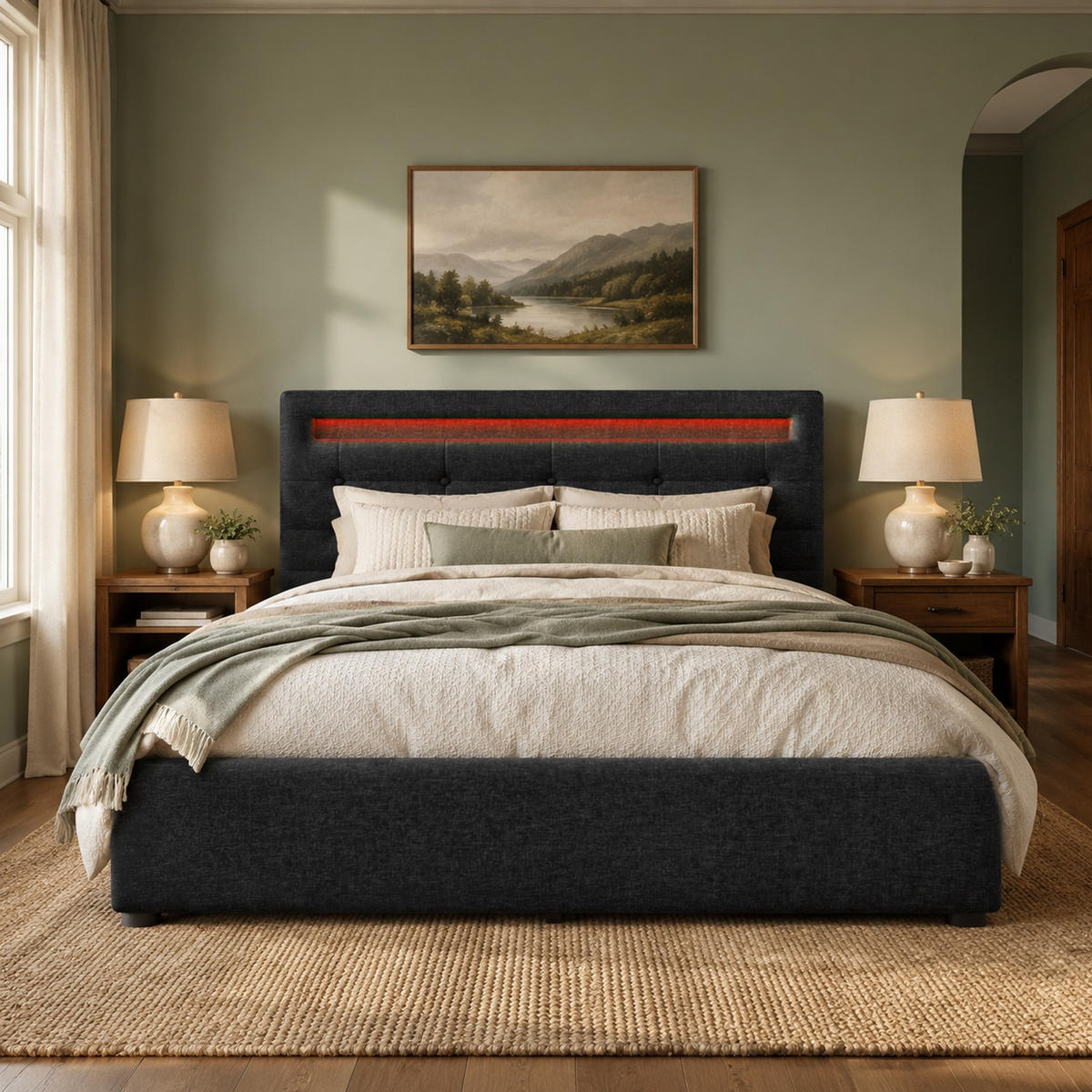 POLSTERBETT 140/200 mit LED, 4 Schubladen und verstellbarem Kopfteil in Schwarz - Schwarz, Holzwerkstoff/Textil (140/200cm) - EVRYAE