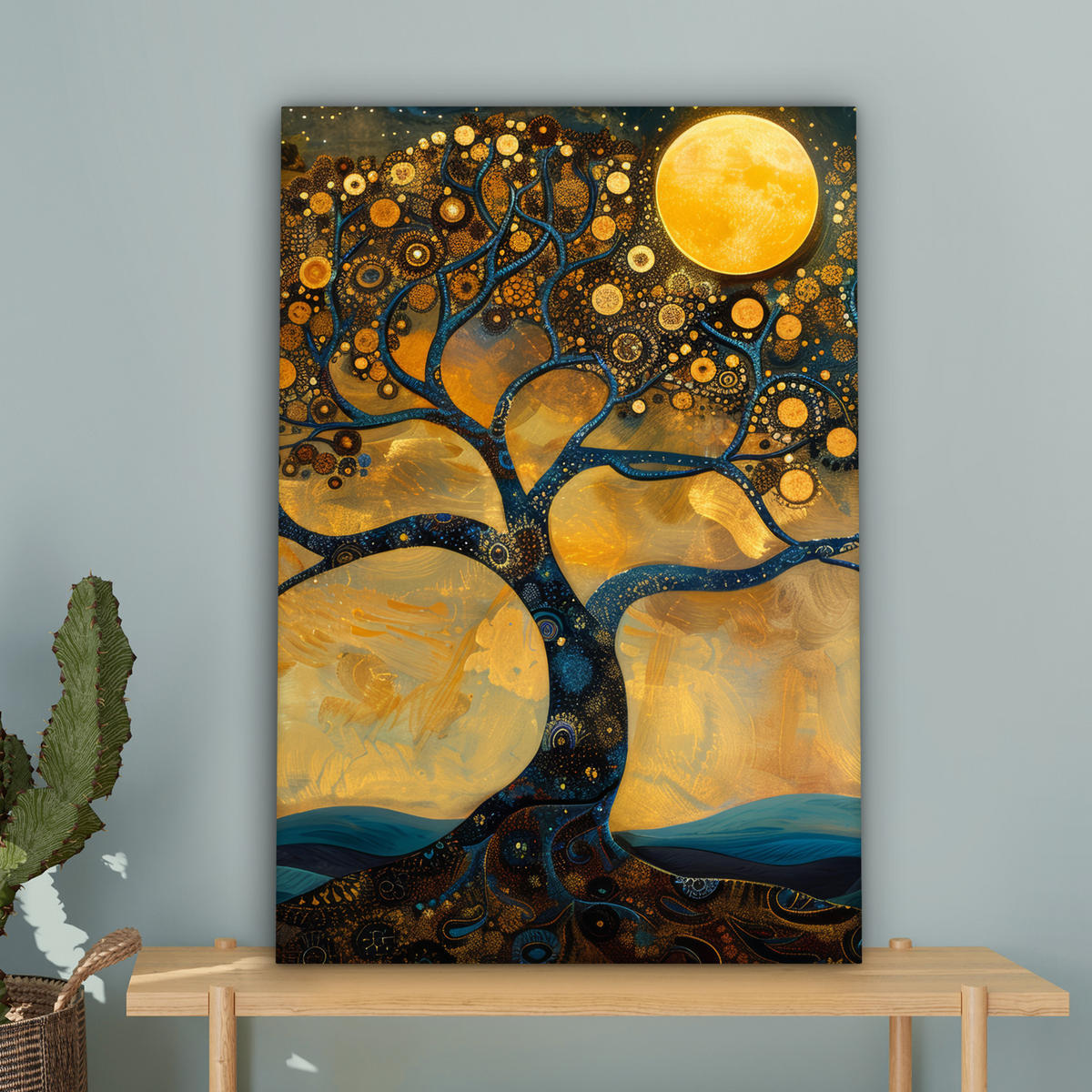 LEINWANDBILD Baum - Mond - Blumen - Gold - Kunst 60x90 cm - Orange, Textil (60/90cm) - MuchoWow