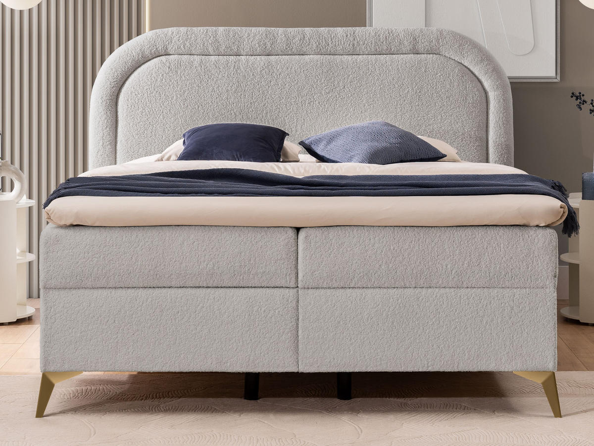 BOXBETT Sonna 140/200 cm Hellgrau Bouclé-Stoff mit abgerundetem Kopfteil und mit goldenen Metallfüßen - Goldfarben/Hellgrau, Holz/Textil (140/200cm) - S-Style Möbel