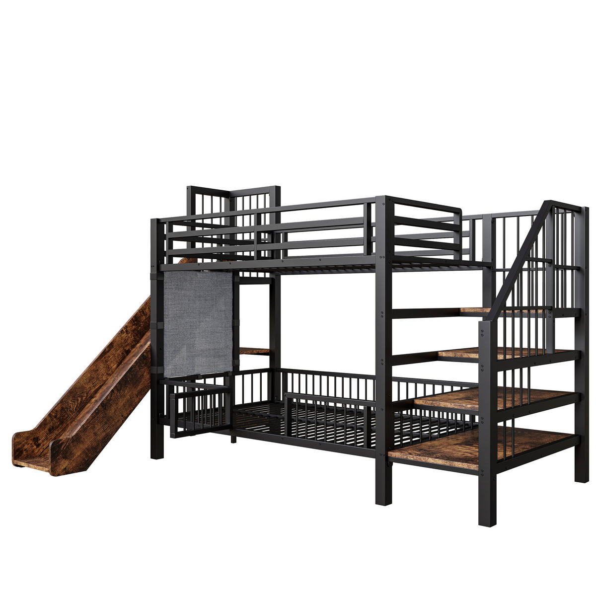 METALL- ETAGENBETT Kinder Schwarz 90/200 cm mit Rutsche und Stauraumtreppe - Schwarz, Metall (90/200cm) - ComfortXL