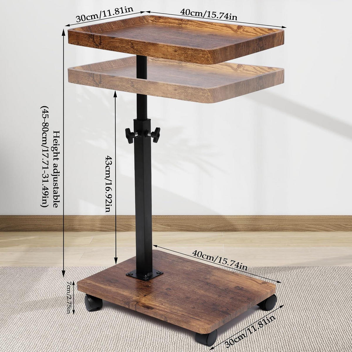 BEISTELLTISCH mit Rollen höhenverstellbar 45-80 cm Nussbaum Finish - Braun, Holzwerkstoff (40/30/45cm)