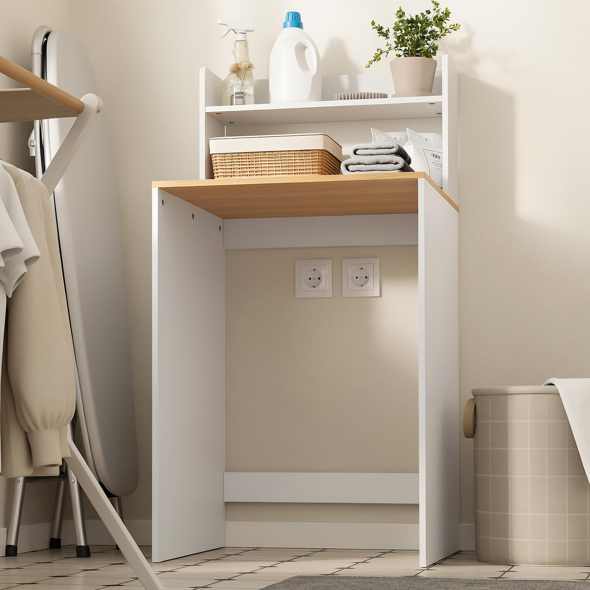 WASCHMASCHINENSCHRANK mit Regal Weiß Natur 66x60x127cm - Weiß, Holzwerkstoff (65/126/60cm) - SoBuy