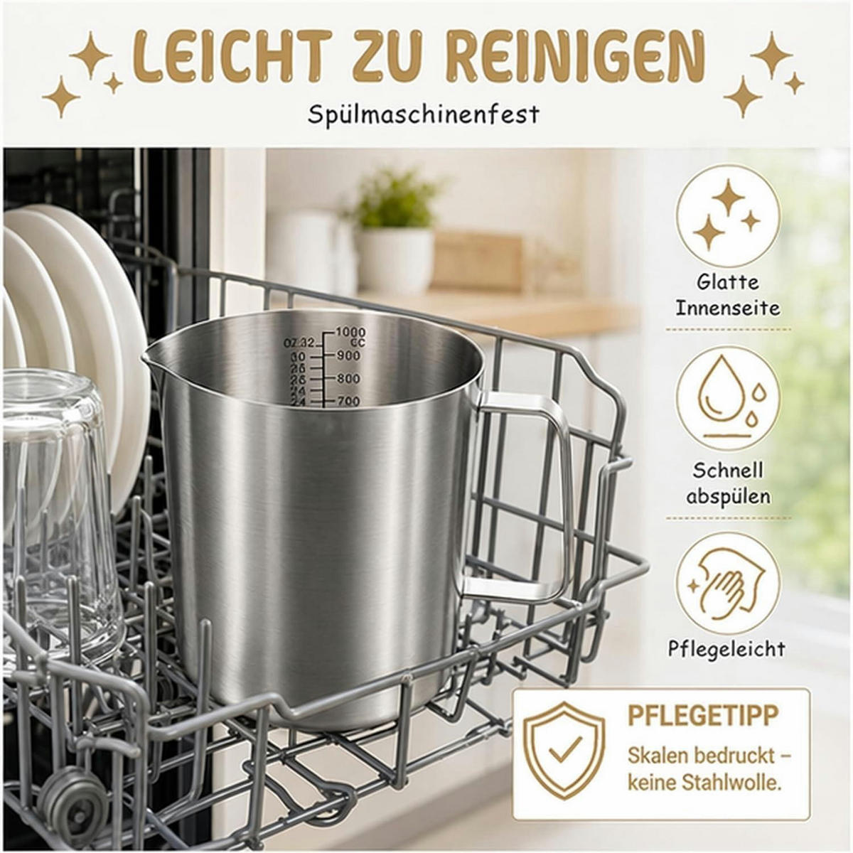 MESSBECHER Edelstahl 1L mit Skala - Silberfarben, Metall (1L)