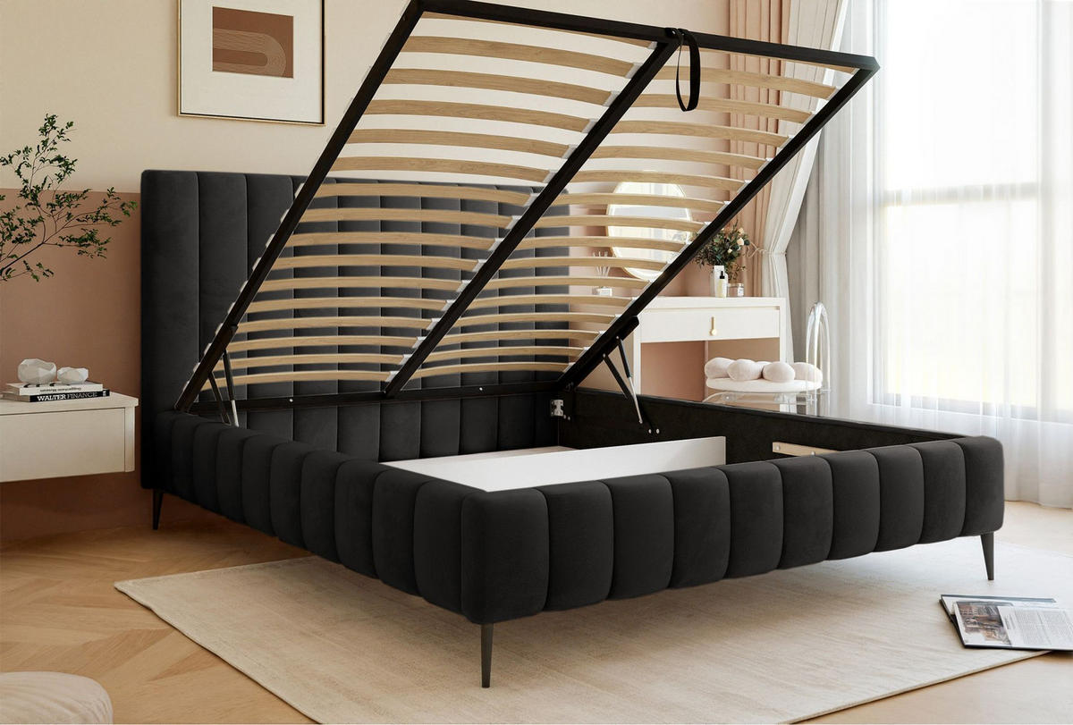 POLSTERBETT Fiarro mit Metallfüßen, Dunkelgrau, Velours, 140x200 cm - Dunkelgrau, Textil/Metall (140/200cm) - Selsey