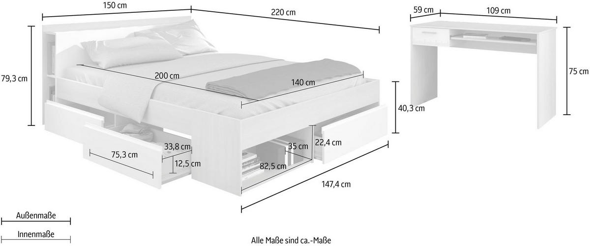 JUGENDZIMMER Set mit Stauraumbett 140 X 200 cm und Schreibtisch - Weiß/Akaziefarben, Holz/Holzwerkstoff (140/79/200cm) - Parisot Meuble