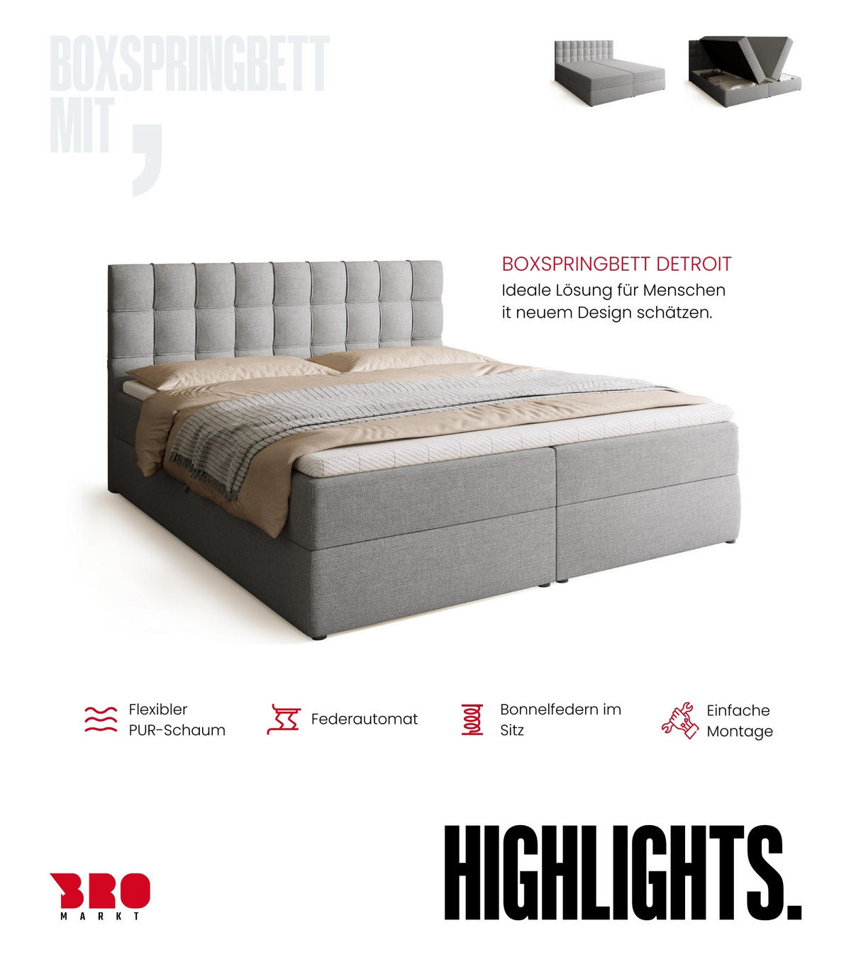 BOXBETT Detroit mit Topper 180/200 Hellgrau - Hellgrau, Holzwerkstoff/Textil (180/200cm) - Bromarkt