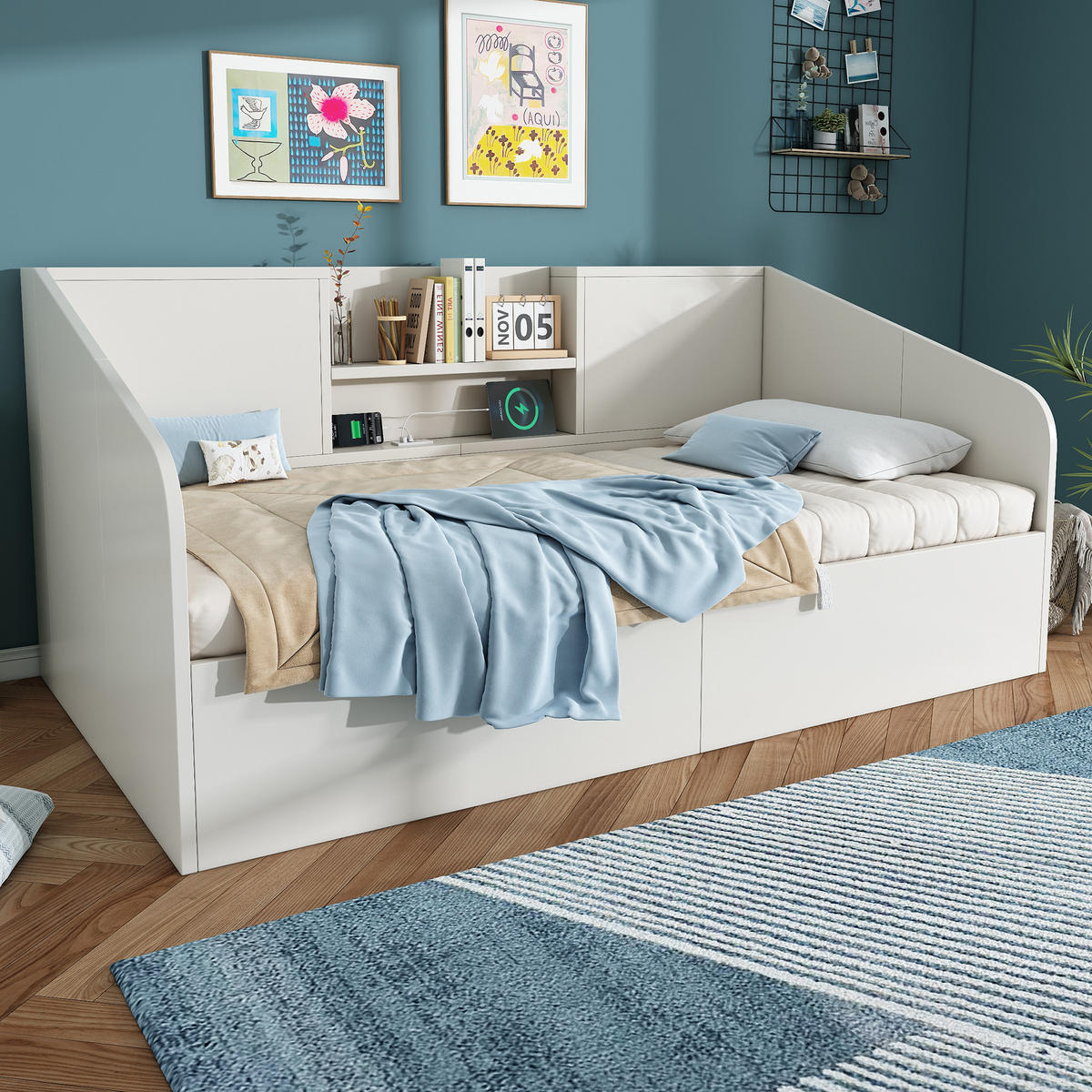 TAGESBETT 90/190 cm Weiß aus Massivholz mit Hydraulik-Stauraum - Weiß, Holzwerkstoff (90/190cm) - OKWISH