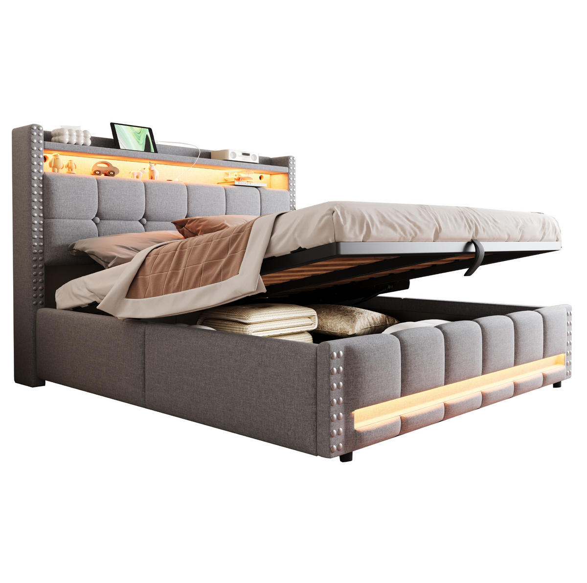 POLSTERBETT 160/200 cm mit LED-Beleuchtung, Bettkasten und gepolstertem Kopfteil - Hellgrau, Textil (160/200cm) - BEAOK