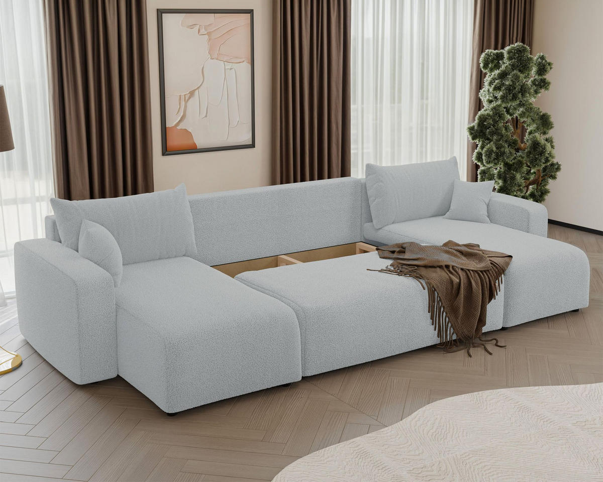 WOHNLANDSCHAFT Pianoni Hellgrau Bouclé-Bezug - Hellgrau/Schwarz, Kunststoff/Textil (312/83/140cm) - Selsey
